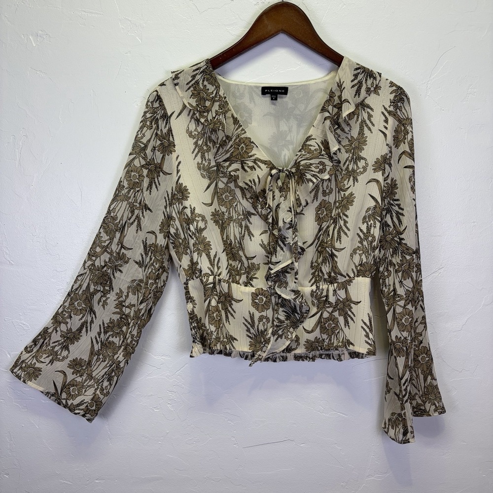 Pleione Woman's Babydoll Blouse Size S Cream Brown Floral Gold Stripe Romantic